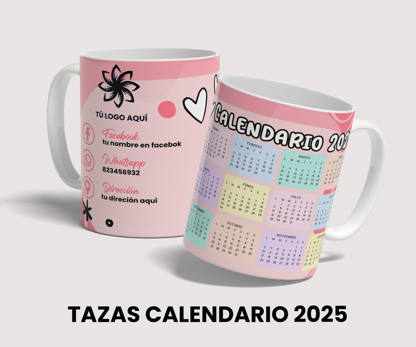 Diseño calendario 2025 para tazas sublimacion de 11 oz, template editable PSD, tazas para negocios, descarga inmediata.