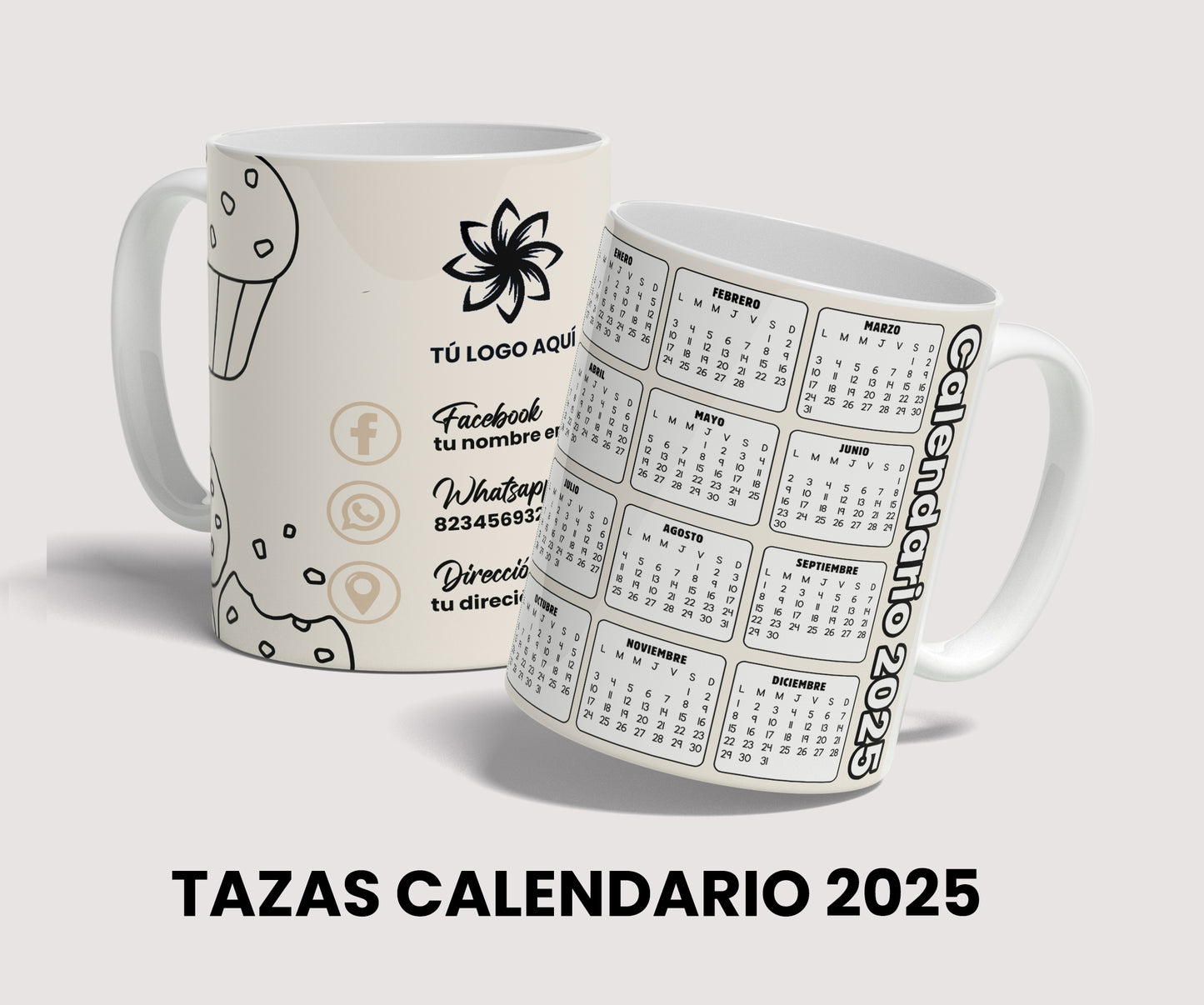 Diseño calendario 2025 para tazas sublimacion de 11 oz, template editable PSD, tazas para negocios, descarga inmediata.