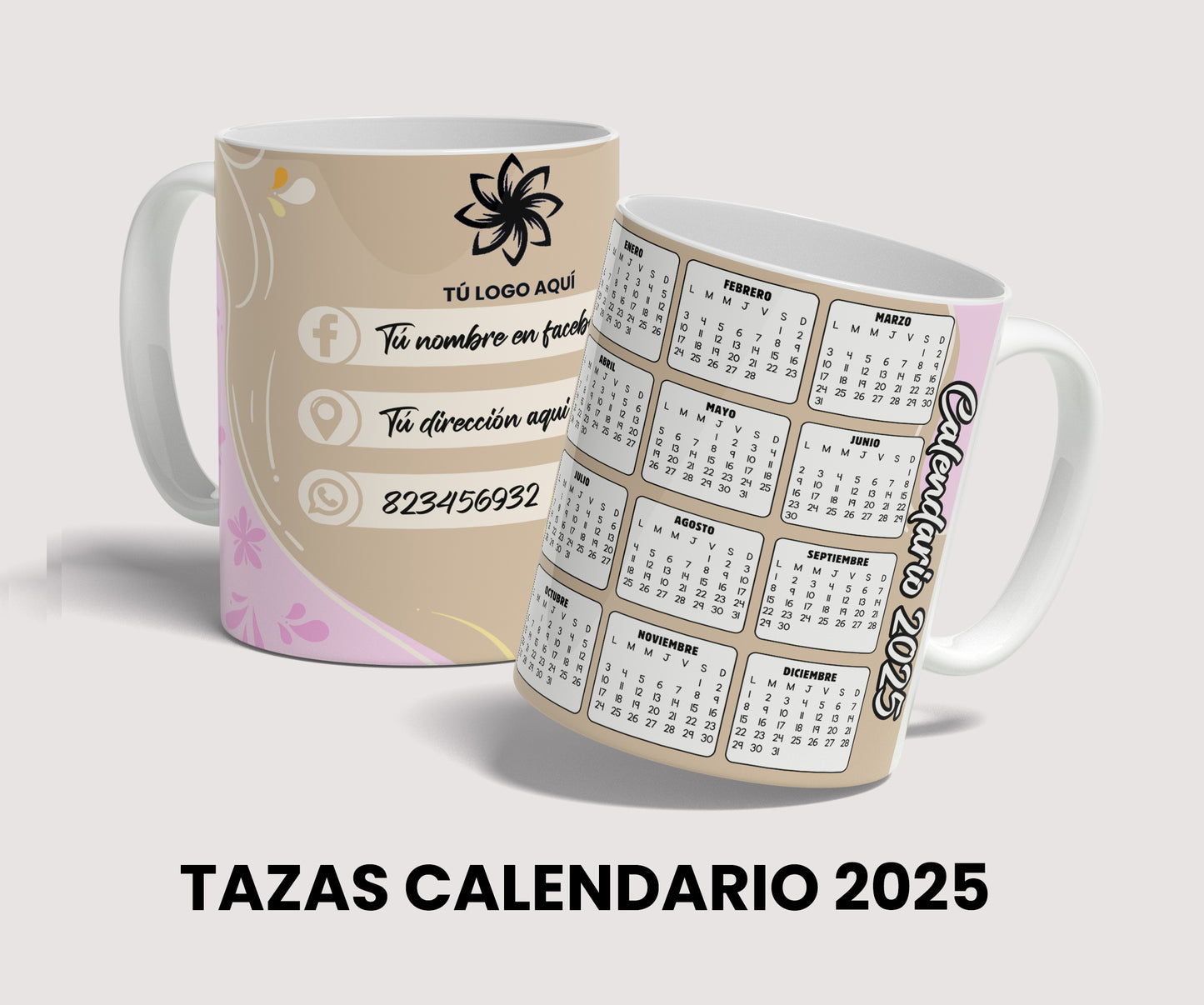 Diseño calendario 2025 para tazas sublimacion de 11 oz, template editable PSD, tazas para negocios, descarga inmediata.