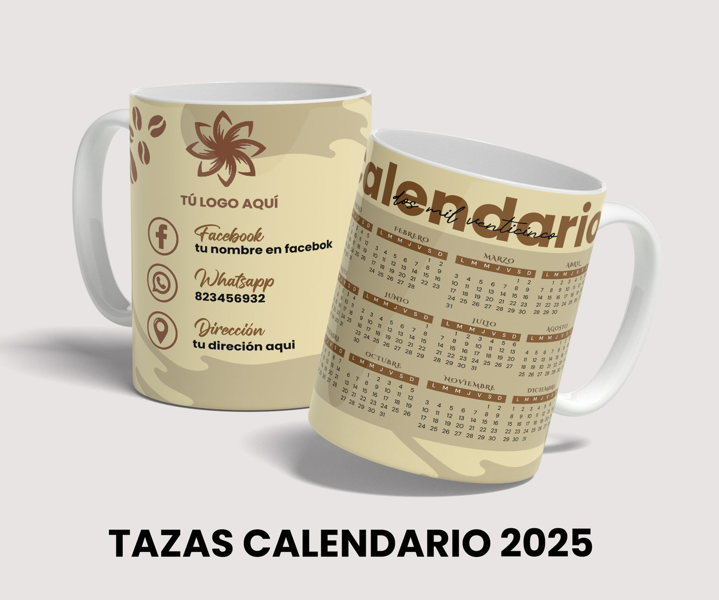Diseño calendario 2025 para tazas sublimacion de 11 oz, template editable PSD, tazas para negocios, descarga inmediata.