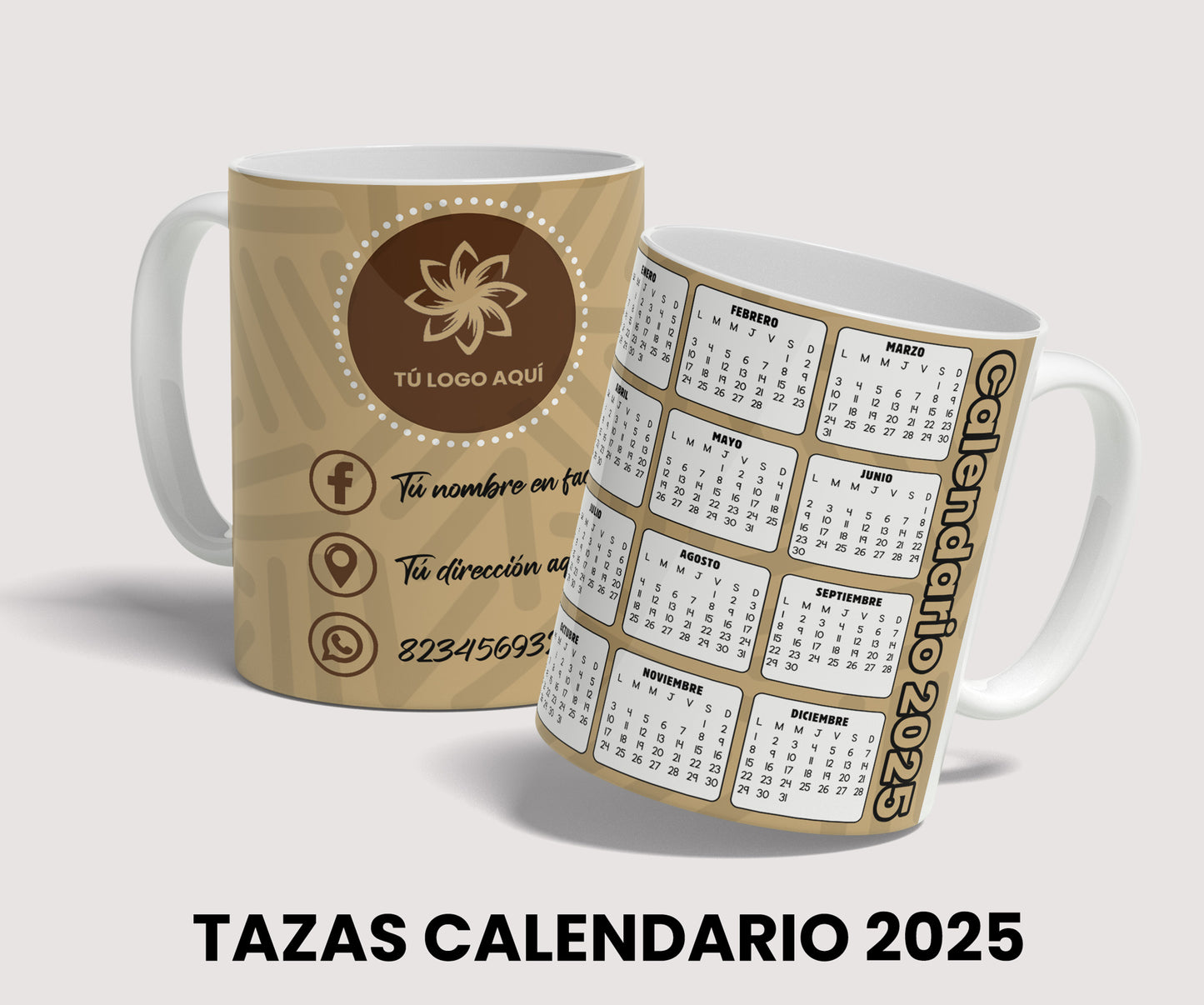 Diseño calendario 2025 para tazas sublimacion de 11 oz, template editable PSD, tazas para negocios, descarga inmediata.
