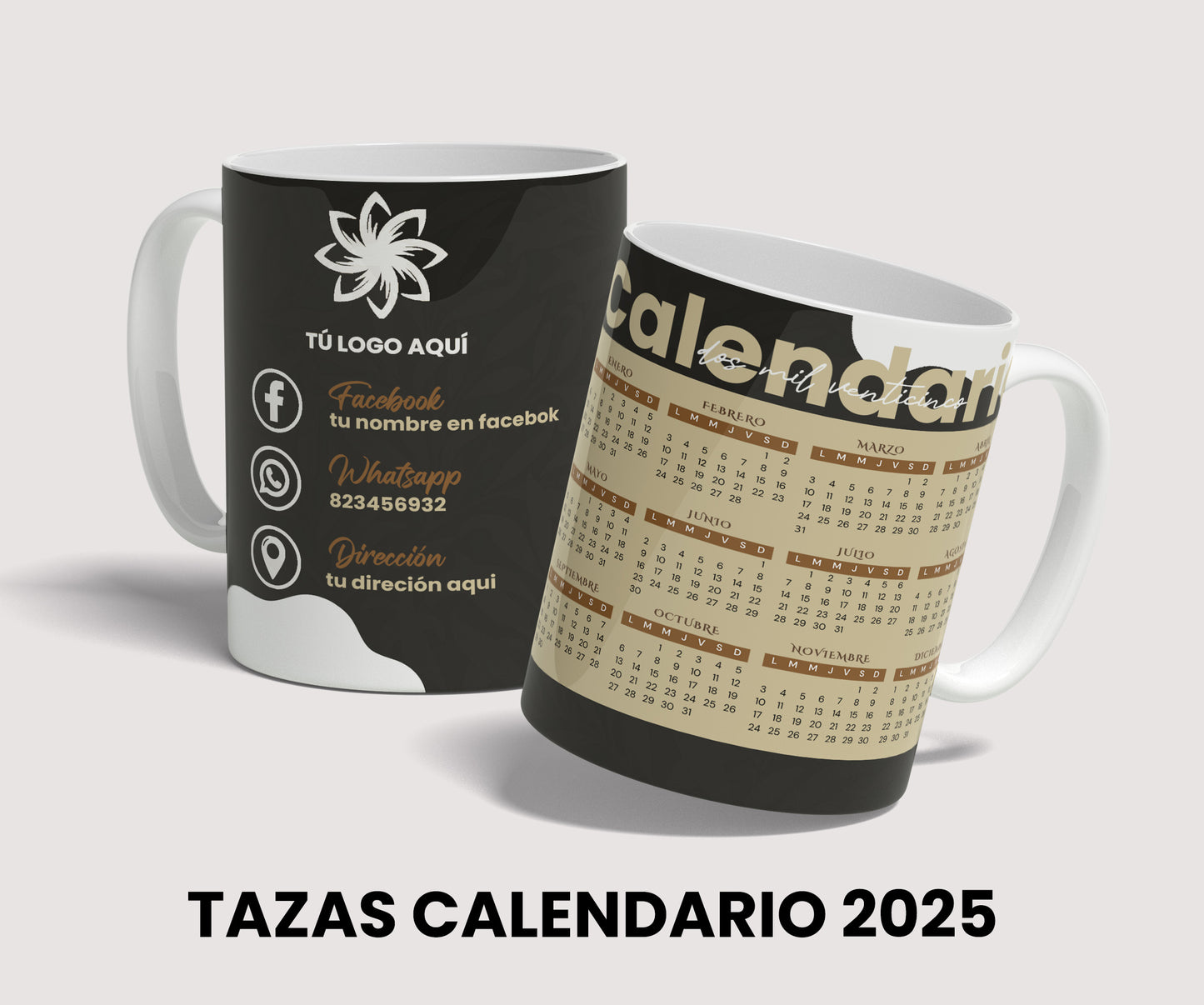 Diseño calendario 2025 para tazas sublimacion de 11 oz, template editable PSD, tazas para negocios, descarga inmediata.