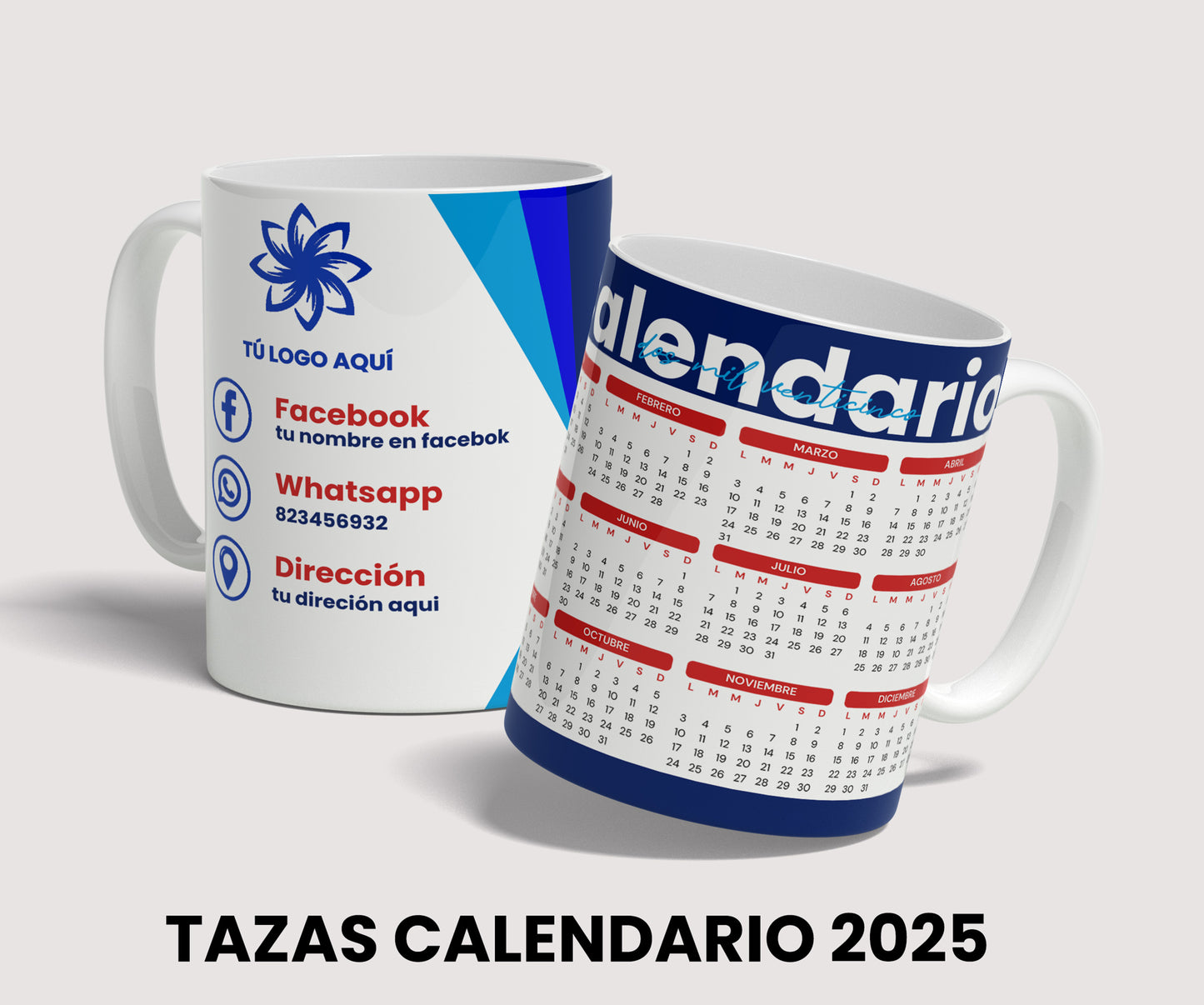 Diseño calendario 2025 para tazas sublimacion de 11 oz, template editable PSD, tazas para negocios, descarga inmediata.