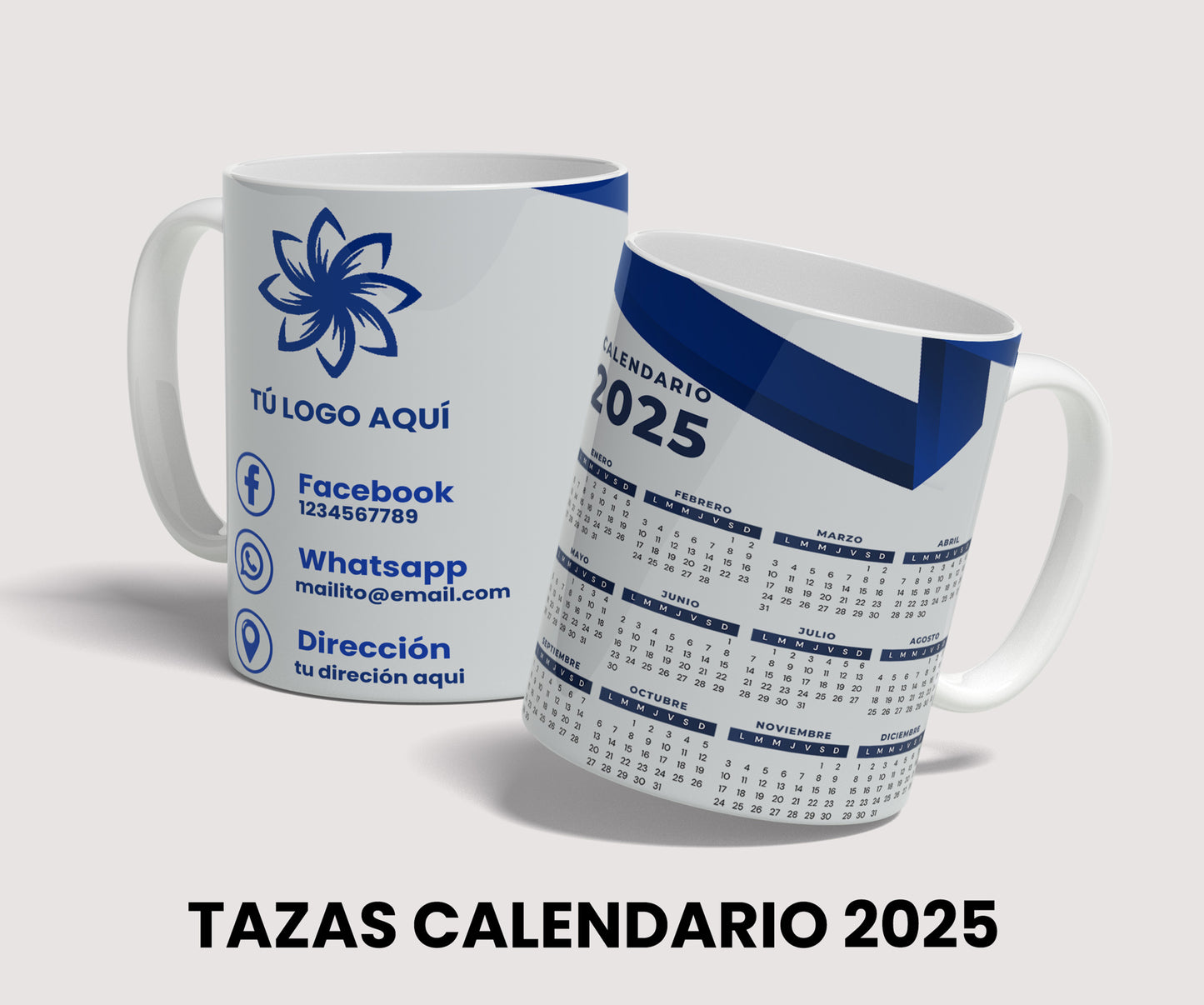 Diseño calendario 2025 para tazas sublimacion de 11 oz, template editable PSD, tazas para negocios, descarga inmediata.